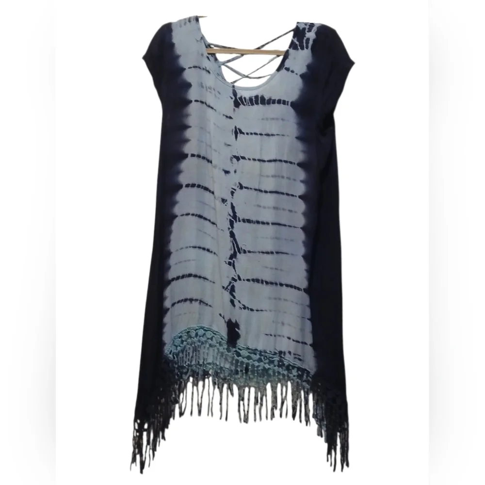 Blue Island - NWOT Hi/Lo Tie-Dye Beach Dress W/Crochet Fringe, Criss Cross Back - Picture 1 of 8